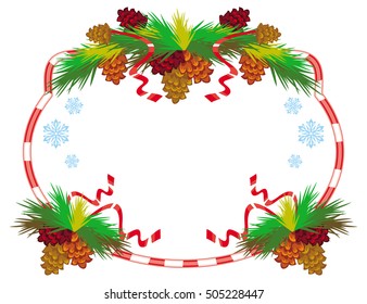 Holiday frame with pine branch, snow-flakes and cones. Vector clip art.