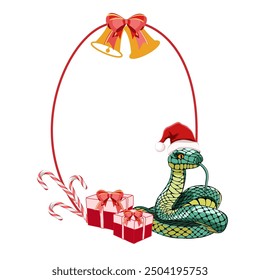 Holiday frame with snake, gifts, candy canes, and bells. Vector illustration	