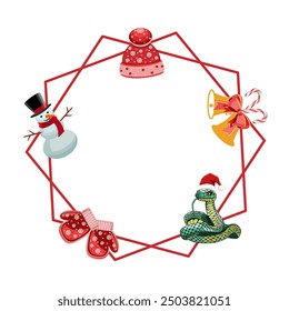 Holiday frame with snake, snowman, mittens, and bells, vector illustration