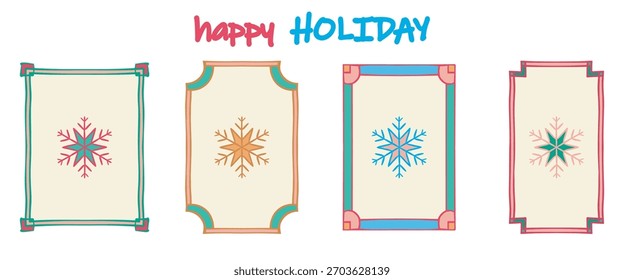 Quadro de férias, conjunto de forma floco de neve. Desenhado à mão decorativo doodle tinta pincelada canto, caligrafia caligráfica moderna linha grunge. Fundo geométrico isolado do retângulo. Ilustração de vetor bonito