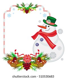 Holiday frame with snowman, pine branches and cones. Christmas design element. Vector clip art.