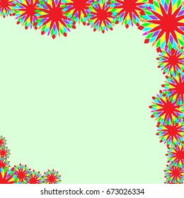 Holiday frame. Template for writing. Abstract flowers are located along the edges of the card. Background is light green.