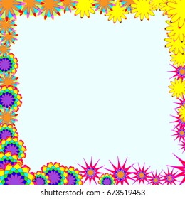 Holiday frame. Template for writing. Abstract flowers are located along the edges of the card. Background is light azure.