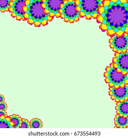 Holiday frame. Template for writing. Abstract flowers are located along the edges of the card. Background is light green.