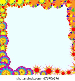 Holiday frame. Template for writing. Abstract flowers are located along the edges of the card. Background is light azure.