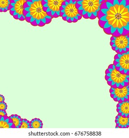 Holiday frame. Template for writing. Abstract flowers are located along the edges of the card. Background is light green.