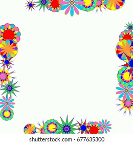 Holiday frame. Template for writing. Abstract flowers are located along the edges of the card. Background is pale yellow.