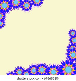 Holiday frame. Template for writing. Abstract flowers are located along the edges of the card. Background is light orange.