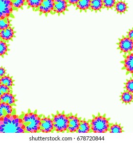 Holiday frame. Template for writing. Abstract flowers are located along the edges of the card. Background is pale yellow.