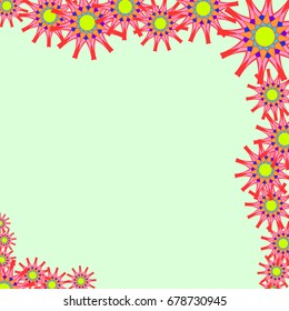 Holiday frame. Template for writing. Abstract flowers are located along the edges of the card. Background is light green.