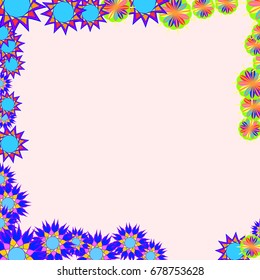 Holiday frame. Template for writing. Abstract flowers are located along the edges of the card. Background is light pink.