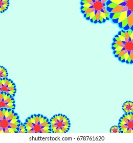 Holiday frame. Template for writing. Abstract flowers are located along the edges of the card. Background is light blue.