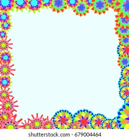 Holiday frame. Template for writing. Abstract flowers are located along the edges of the card. Background is light azure.