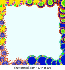 Holiday frame. Template for writing. Abstract flowers are located along the edges of the card. Background is light azure.