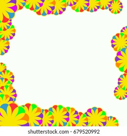 Holiday frame. Template for writing. Abstract flowers are located along the edges of the card. Background is pale yellow.