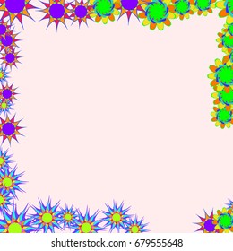 Holiday frame. Template for writing. Abstract flowers are located along the edges of the card. Background is light pink.