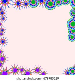 Holiday frame. Template for writing. Abstract flowers are located along the edges of the card. Background is light pink.
