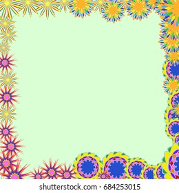 Holiday frame. Template for writing. Abstract flowers are located along the edges of the card. Background is light green.