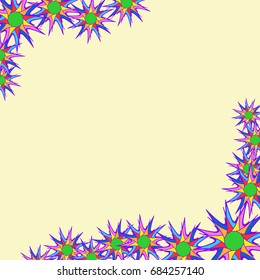 Holiday frame. Template for writing. Abstract flowers are located along the edges of the card. Background is light yellow.