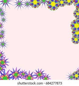 Holiday frame. Template for writing. Abstract flowers are located along the edges of the card. Background is light pink.