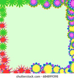 Holiday frame. Template for writing. Abstract flowers are located along the edges of the card. Background is light green.