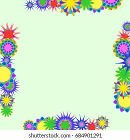 Holiday frame. Template for writing. Abstract flowers are located along the edges of the card. Background is light green.