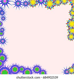 Holiday frame. Template for writing. Abstract flowers are located along the edges of the card. Background is light pink.