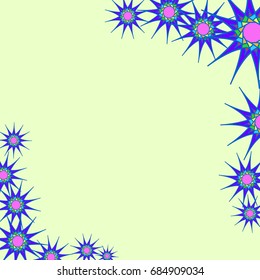 Holiday frame. Template for writing. Abstract flowers are located along the edges of the card. Background is light green.