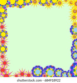 Holiday frame. Template for writing. Abstract flowers are located along the edges of the card. Background is light green.