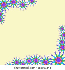 Holiday frame. Template for writing. Abstract flowers are located along the edges of the card. Background is light yellow.