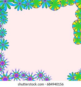 Holiday frame. Template for writing. Abstract flowers are located along the edges of the card. Background is light pink.
