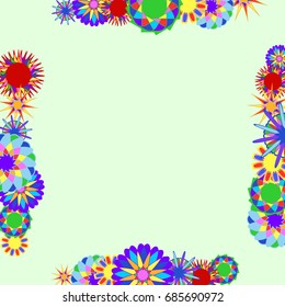 Holiday frame. Template for writing. Abstract flowers are located along the edges of the card. Background is light green.