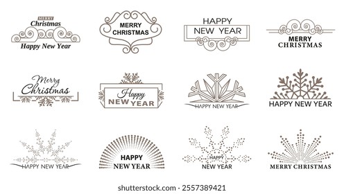 Holiday frames with Christmas and New Year greetings. Border of lines, dots and snowflakes. Geometric New Year pattern. Designer shapes for invitations and holiday cards. Vector illustration.