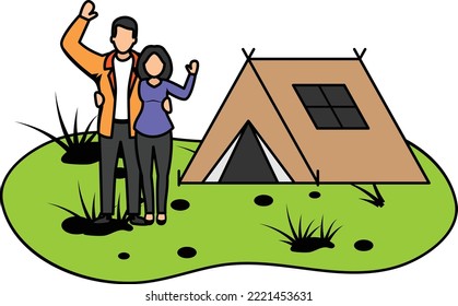 Holiday with friends having a good time vector icon design, Outdoor weekend Activity symbol, Tourist Holiday Scene Sign, Happy people at Vacation illustration, Cute Couple enjoying summer camp Concept