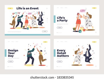 Holiday friends party and corporate celebration landing pages set with cartoon characters celebrating birthday, christmas or new year. Flat vector illustration