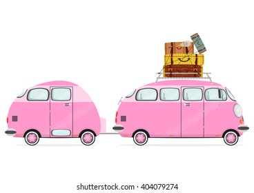 Holiday. Funny cartoon minivan with suitcases on a white background. Flat vector
