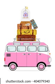 Holiday. Funny cartoon minivan with suitcases on a white background. Flat vector
