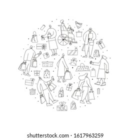 Holiday fuss concept. Diferent character with shopping bags, phones, credit cards surrounded by gifts, presents, surprises. Sale concept. Round composition. Vector illustration in doodle style.