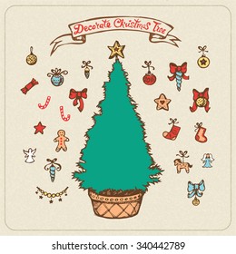 Holiday Game: Decorate Your Christmas Tree! Vector Hand Drawn Illustration with Fir-Tree in a Pot and Decoration Elements.