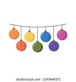 Holiday garland with colorful lamps flat style, vector illustration isolated on white background. Decoration for party or celebration, design element, balls