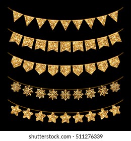 Holiday Garland Decoration Set Isolated on Black. Gold Glitter Texture. Vector illustration. Glowing New Year or Christmas Design Elements. Triangles, Snowflakes and Stars on Rope