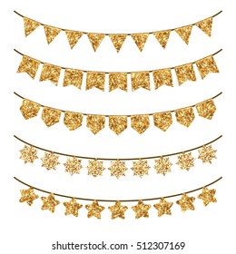 Holiday Garland Decoration Set Isolated on White. Gold Glitter Texture. Vector illustration. Glowing New Year or Christmas Design Elements. Triangles, Snowflakes and Stars on Rope