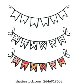 Holiday garland flag icon set. Outline black marker ink contour, cute colored doodle sketch style, hand drawn blob stroke line. Festive banting party graphic web design. Vector illustration