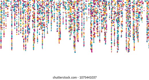 Holiday garland lights carnival decoration vector illustration. Dangling birthday garland vector, sparkles and tinsels confetti glitter in vertical lines.