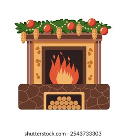 Holiday garland with pine cones on crackling fireplace flat color vector object. Cozy and warm atmosphere illustration on white background