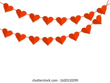 Holiday garland with red paper hearts for Saint Valentine's Day. Space for your text. Vector illustration