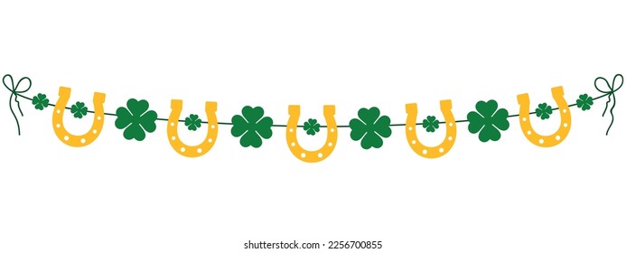 holiday garland for st patricks day, string of green clover leaves and horseshoes, decorative vector illustration