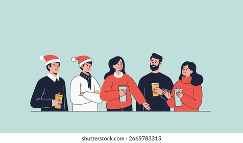 Holiday gathering with friends enjoying warm drinks festive season celebration