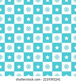 Holiday geometric background with stars and snowflakes in squares. Christmas pattern. Vector. Xmas, New year seamless texture wrapping paper. Set festive textile prints.
