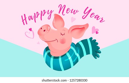 Holiday geometric cute pig card with hearts. Happy New Year 2019, cartoon piglet wearing a scarf, pudgy character symbol on colorful background. Vector illustration for party invitation, social media